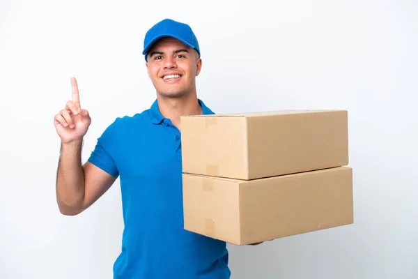 Levering Kaukasische Man Geïsoleerd Witte Achtergrond Wijzend Een Geweldig Idee — Stockfoto