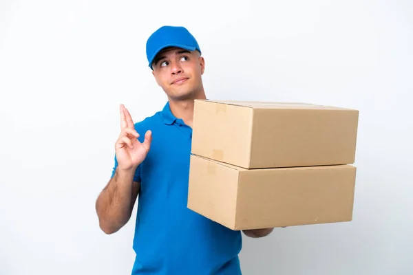 Delivery Caucasian Man Isolated White Background Fingers Crossing Wishing Best — Stock Photo, Image