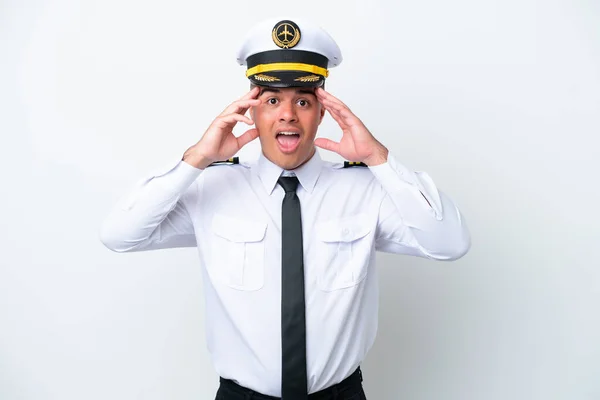 Airplane Pilot Caucasian Man Isolated White Background Surprise Expression — 스톡 사진