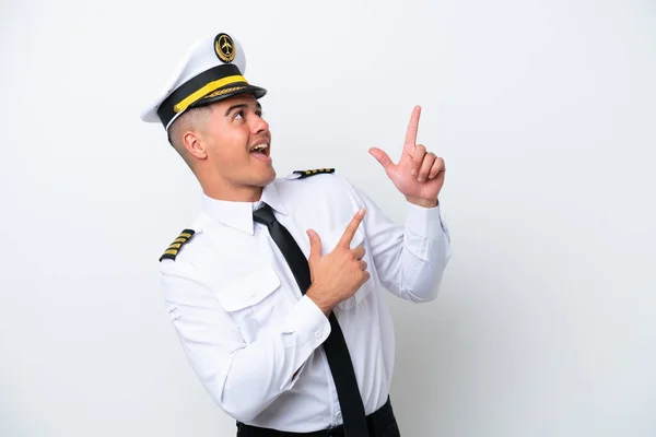 Airplane Pilot Caucasian Man Isolated White Background Pointing Index Finger — 스톡 사진