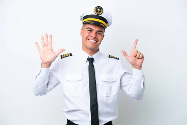 Airplane Pilot Caucasian Man Isolated White Background Counting Seven Fingers — 스톡 사진