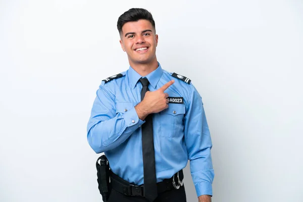 Young Police Caucasian Man Isolated White Background Pointing Side Present —  Fotos de Stock