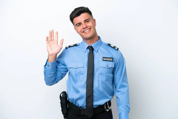 Молодий Поліцейський Кавказький Чоловік Ізольований Білому Тлі Сальто Рукою Щасливим — стокове фото