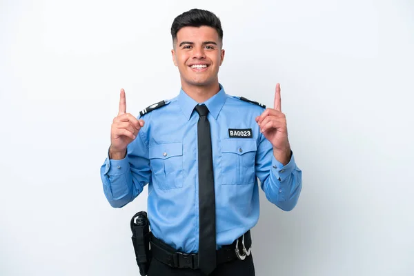 Молодий Поліцейський Білий Чоловік Ізольований Білому Тлі Вказуючи Чудову Ідею — стокове фото