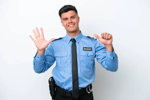 Молодий Поліцейський Білий Чоловік Ізольований Білому Тлі Підраховуючи Шість Пальцями — стокове фото