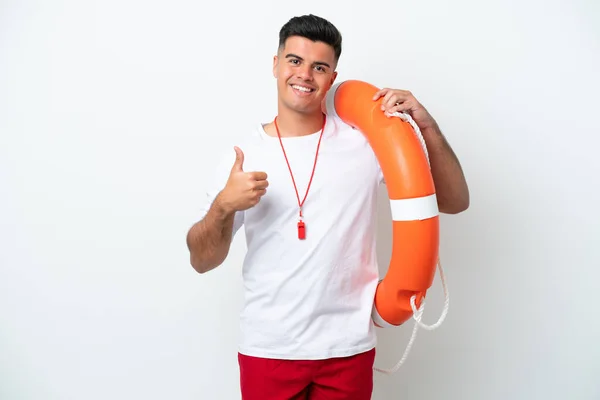 Young Handsome Man Isolated White Background Lifeguard Equipment Thumbs — Foto Stock