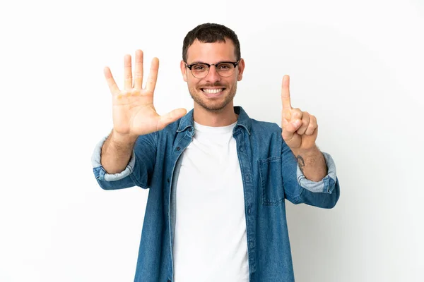 Brazilian Man Isolated White Background Counting Six Fingers — ストック写真