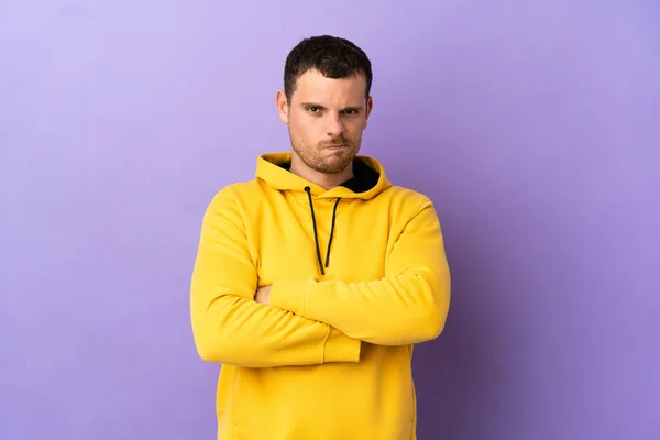 Brazilian Man Isolated Purple Background Unhappy Expression — Stockfoto