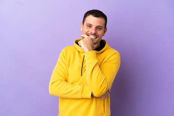 Brazilian Man Isolated Purple Background Happy Smiling — Stockfoto