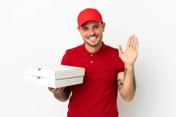 Pizza Delivery Man Work Uniform Picking Pizza Boxes Isolated White — Stock fotografie