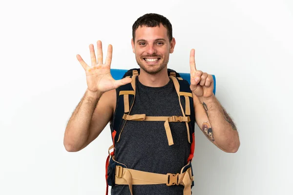 Brazilian Mountaineer Man Big Backpack Isolated White Background Counting Six —  Fotos de Stock