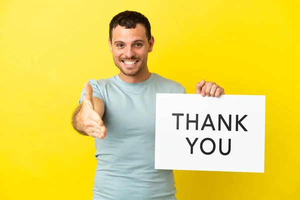 Brazilian Man Isolated Purple Background Holding Placard Text Thank You — 스톡 사진