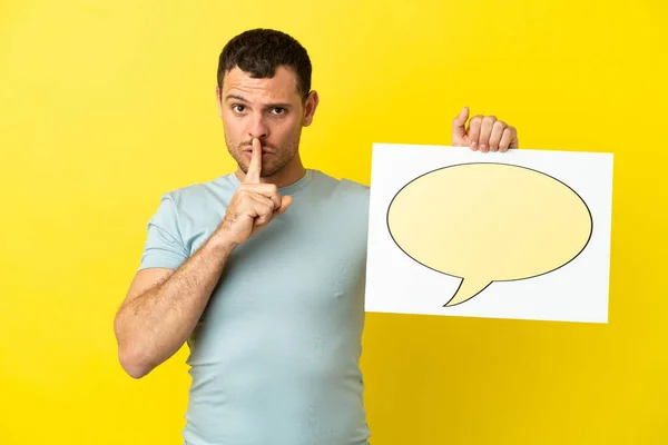 Brazilian Man Isolated Purple Background Holding Placard Speech Bubble Icon —  Fotos de Stock