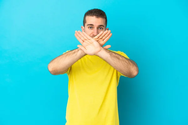 Young Handsome Caucasian Man Isolated Blue Background Making Stop Gesture — Stock Photo, Image