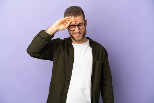 Young Handsome Caucasian Man Isolated Purple Background Tired Sick Expression — Stock Photo, Image