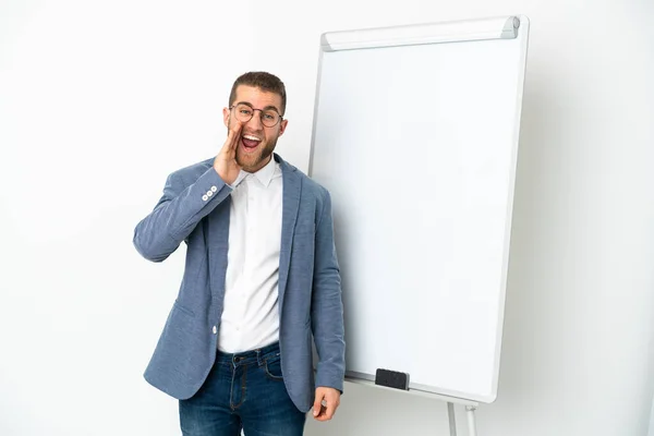 Young Handsome Caucasian Man Isolated White Background Giving Presentation White — Foto de Stock