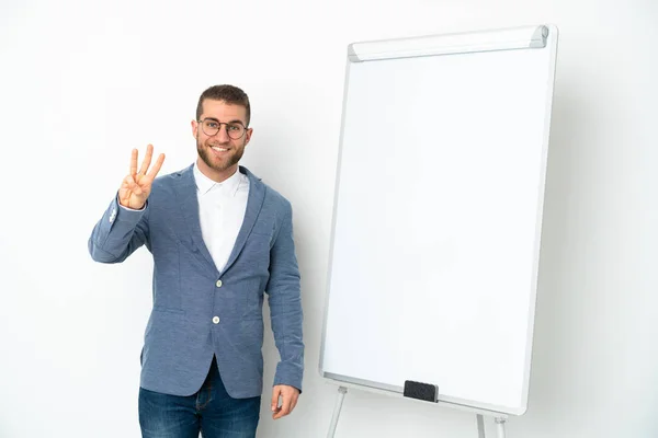 Young Business Woman Giving Presentation White Board Isolated White Background — Stockfoto