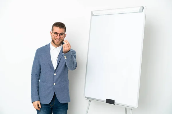 Young Business Woman Giving Presentation White Board Isolated White Background — Foto de Stock