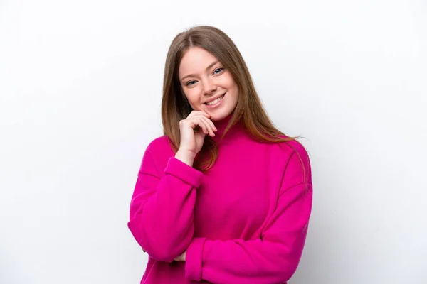 Mulher Caucasiana Jovem Isolado Fundo Branco Feliz Sorrindo — Fotografia de Stock