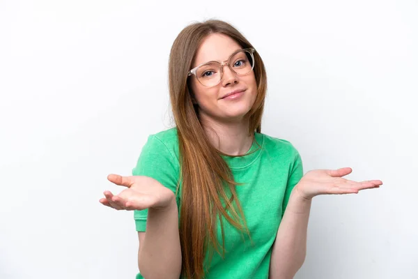 Jonge Blanke Vrouw Geïsoleerd Witte Achtergrond Met Bril Met Twijfels — Stockfoto