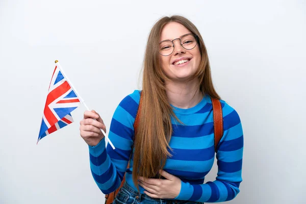 Jovem Caucasiana Segurando Uma Bandeira Reino Unido Isolada Fundo Branco — Fotografia de Stock