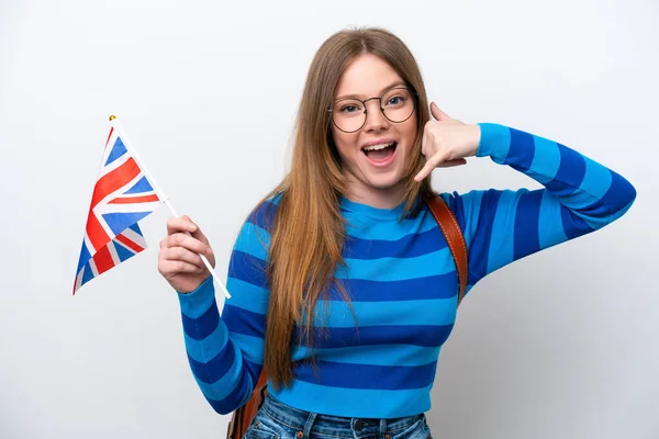Mladá Běloška Držící Vlajku Spojeného Království Izolovanou Bílém Pozadí Mávající — Stock fotografie