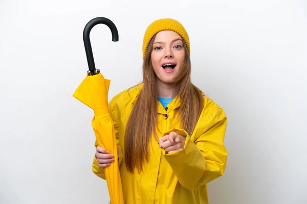 Jeune Femme Caucasienne Avec Manteau Imperméable Parapluie Isolé Sur Fond — Photo