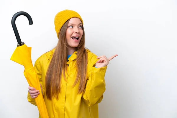 Jeune Femme Caucasienne Avec Manteau Imperméable Parapluie Isolé Sur Fond — Photo