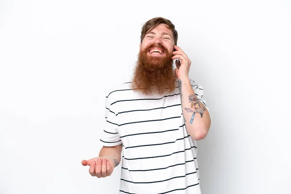 Rotschopf Mit Bart Isoliert Auf Weißem Hintergrund Hält Ein Gespräch — Stockfoto