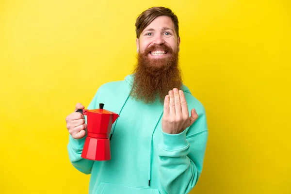 Redhead Man Beard Holding Coffee Pot Isolated Yellow Background Inviting — Foto de Stock