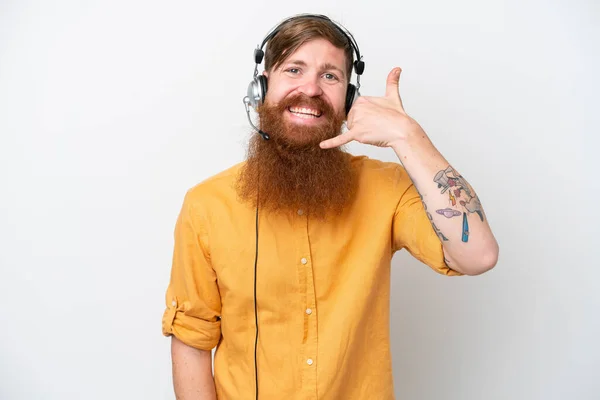 Telemarketeer Man Geïsoleerd Witte Achtergrond Het Maken Van Telefoon Gebaar — Stockfoto