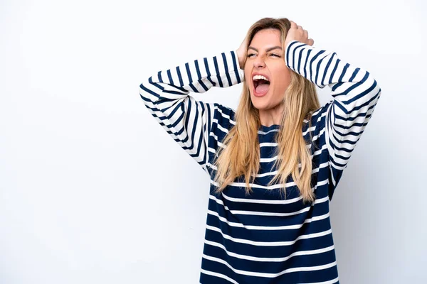 Fiatal Uruguayi Elszigetelt Fehér Háttérrel Stresszes Túlterhelt — Stock Fotó