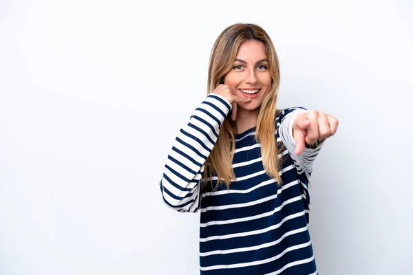 Young Uruguayan Woman Isolated White Background Making Phone Gesture Pointing —  Fotos de Stock