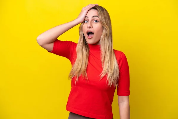 Young Uruguayan Woman Isolated Yellow Background Doing Surprise Gesture While — Foto de Stock