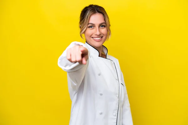 Uruguayan Chef Woman Isolated Yellow Background Points Finger You Confident —  Fotos de Stock