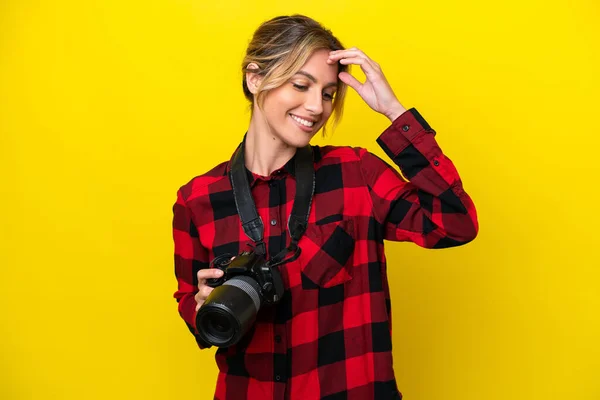 Uruguayan Photographer Woman Isolated Yellow Background Laughing —  Fotos de Stock