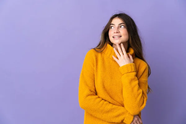 Young Caucasian Woman Isolated Purple Background Looking While Smiling — Stock Photo, Image