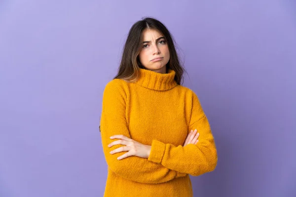 Young Caucasian Woman Isolated Purple Background Feeling Upset — Stock Photo, Image