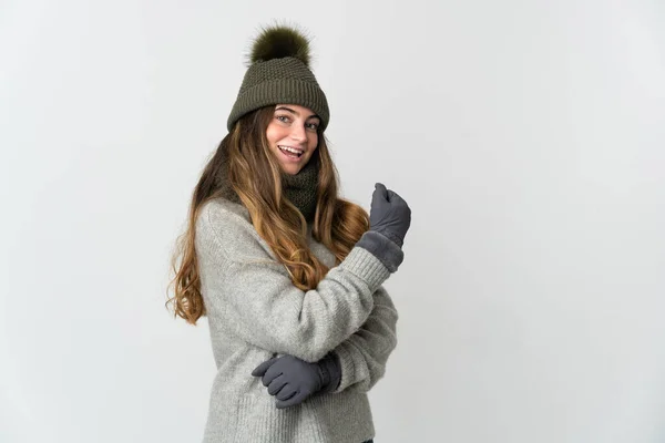 Joven Mujer Caucásica Con Sombrero Invierno Aislado Sobre Fondo Blanco — Foto de Stock