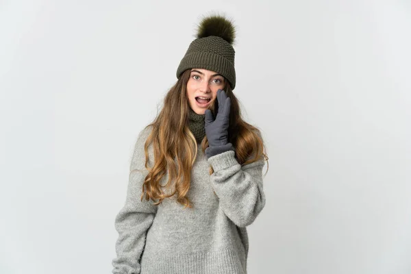 Young Caucasian Woman Winter Hat Isolated White Background Shouting Mouth — стоковое фото