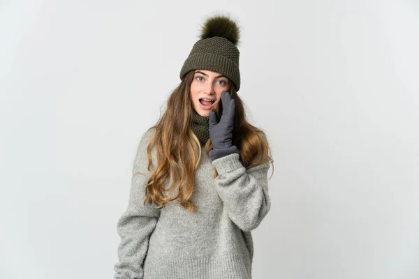 Jeune Femme Caucasienne Avec Chapeau Hiver Isolé Sur Fond Blanc — Photo