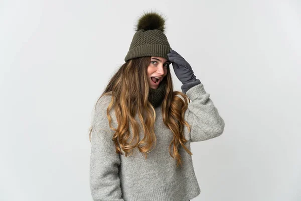 Young Caucasian Woman Winter Hat Isolated White Background Doing Surprise — Stock Photo, Image