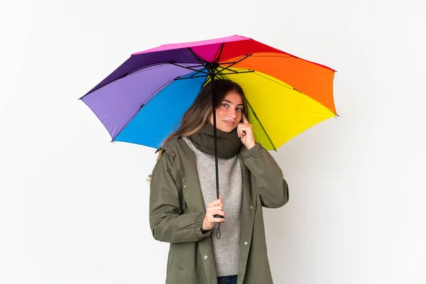 Beyaz Arka Planda Şemsiye Tutan Beyaz Bir Kadın Bir Fikir — Stok fotoğraf