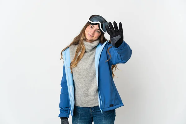 Chica Esquiadora Con Gafas Snowboard Aisladas Sobre Fondo Blanco Feliz —  Fotos de Stock