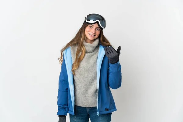 Skier Κορίτσι Γυαλιά Snowboarding Απομονώνονται Λευκό Φόντο Καλώντας Έρθει Χέρι — Φωτογραφία Αρχείου