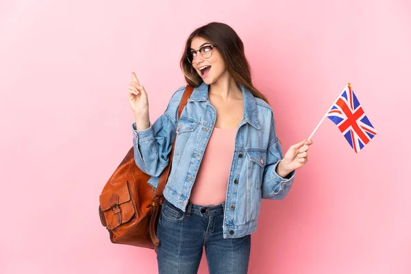 Young Woman Holding United Kingdom Flag Isolated Pink Background Intending — Stock Photo, Image