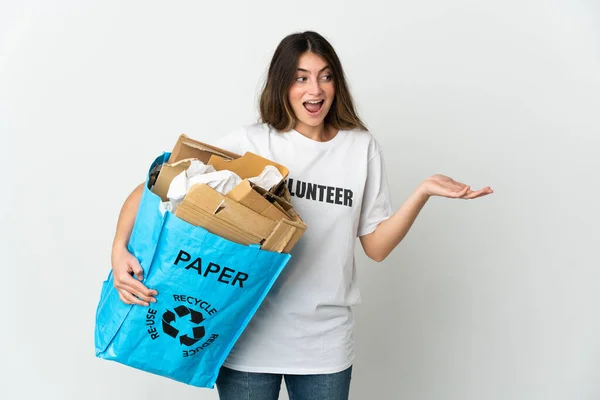 Young Woman Holding Recycling Bag Full Paper Recycle Isolated White — ストック写真