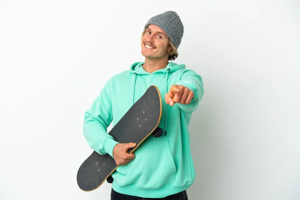 Young Skater Blonde Man Isolated White Background Pointing Front Happy — Stock Photo, Image