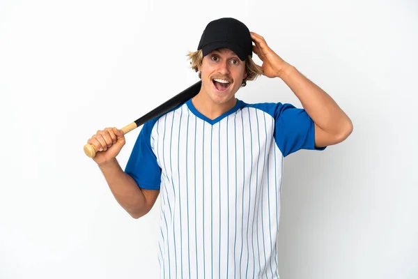 Junger Blonder Mann Spielt Baseball Isoliert Auf Weißem Hintergrund Mit — Stockfoto