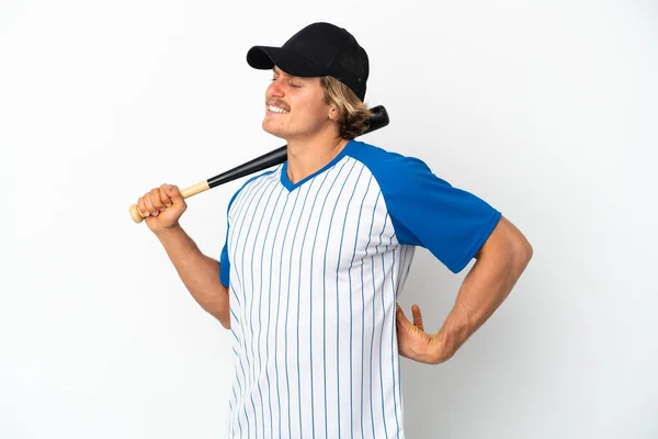 Mladý Blondýnka Muž Hraje Baseball Izolované Bílém Pozadí Trpí Bolestí — Stock fotografie
